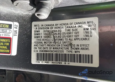 2012 Honda Cr-V Ex from USA, damaged, VIN 2HKRM4H56CH632320